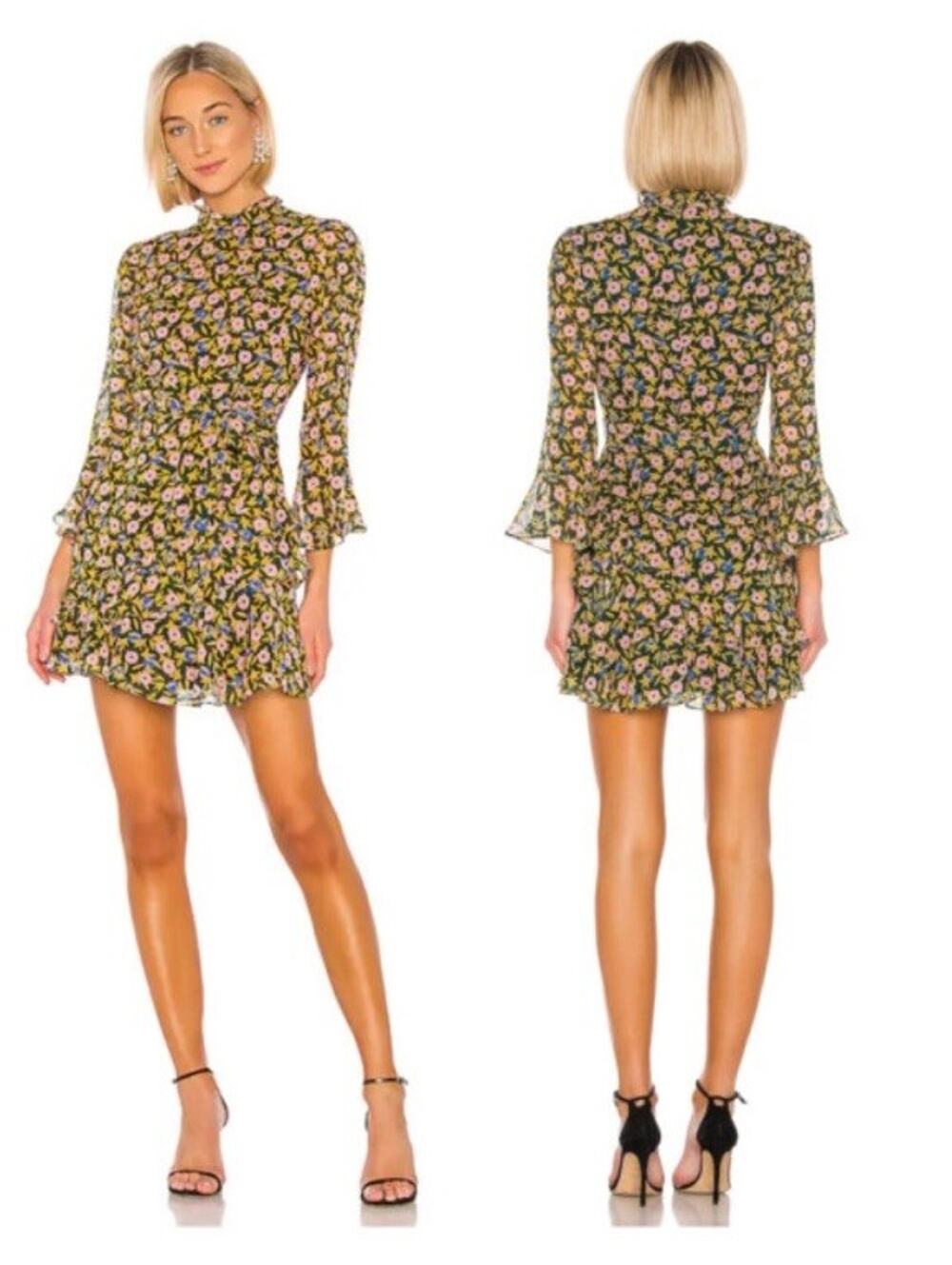 Saloni Marissa Mini Floral Silk Dress Alpine Bouquet Long Sleeve Belted Sz 4